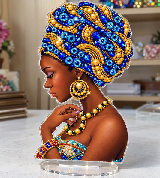 Blue And Gold African Queen DIY Pearl Diamond Painting Acrylic Stand GFTOHNL5273