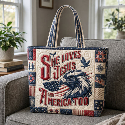 She Loves Jesus And America Too Eagle Americana Quilted Tote Bag GFTOHNL565