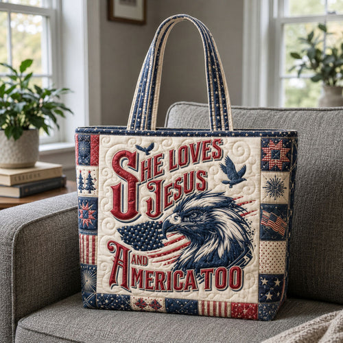 She Loves Jesus And America Too Eagle Americana Quilted Tote Bag GFTOHNL565