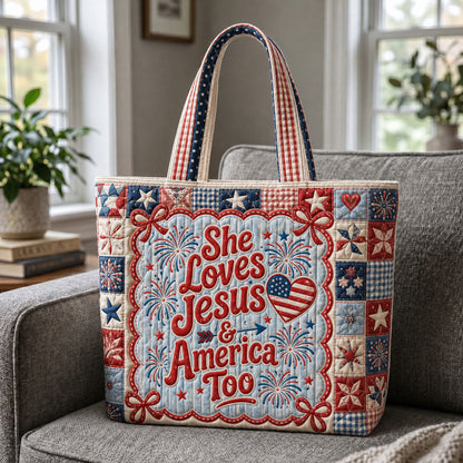 She Loves Jesus And America Too Fireworks Patriotic Quilted Tote Bag GFTOHNL567