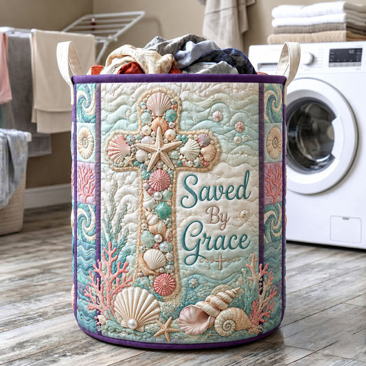 Saved By Grace Seashell Cross Quilted Laundry Basket GFTOHNL580