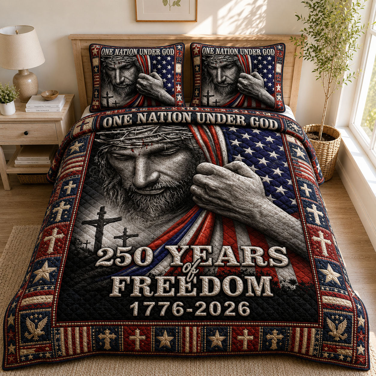 250 Years Of Freedom Christian Patriotic 3-Piece Quilted Bedding Set GFTOHNL628