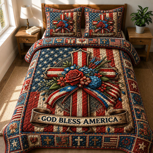 God Bless America Patriotic Cross 3-Piece Quilted Bedding Set GFTOHNL633