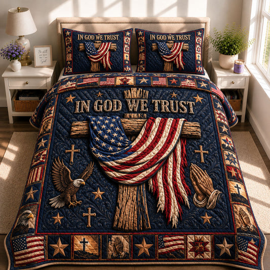 In God We Trust American Flag 3-Piece Quilted Bedding Set GFTOHNL634