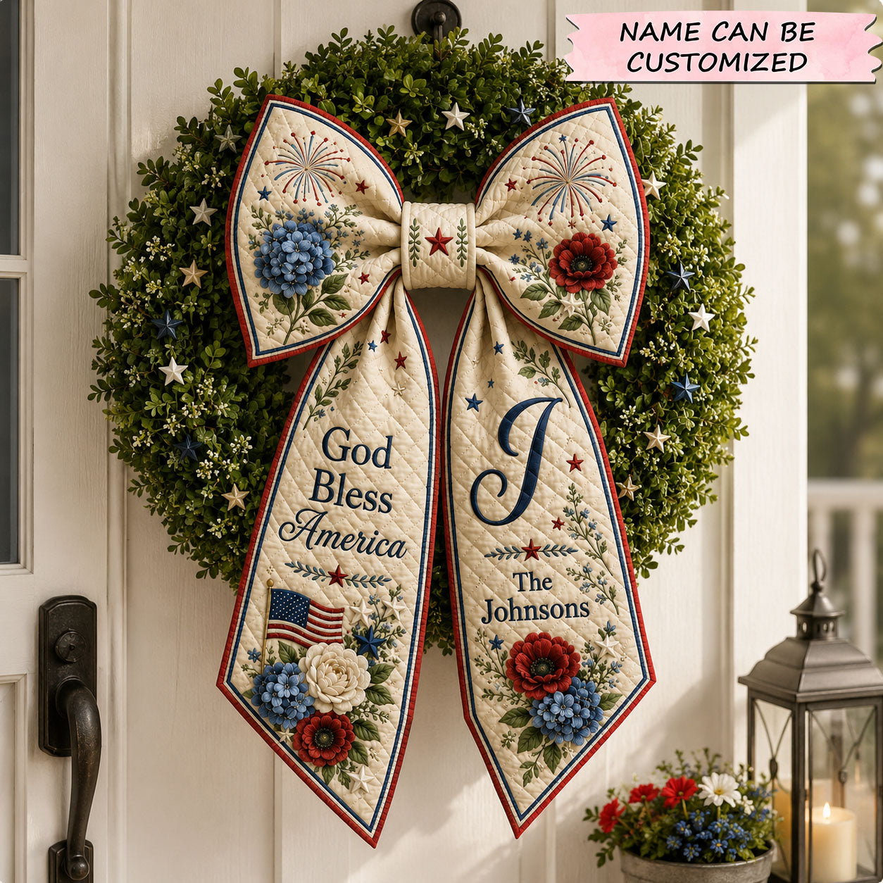 Personalized God Bless America Floral Patriotic Quilted Wreath Sash QTCUZ GFTOHNL711