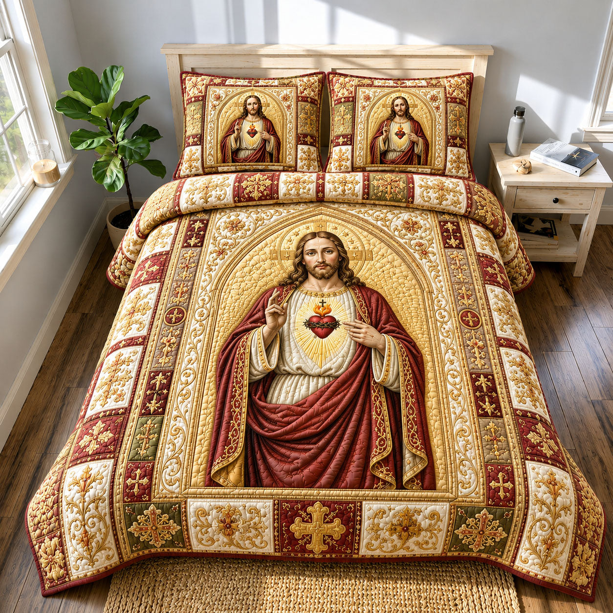 Sacred Heart Of Jesus Heirloom 3-Piece Quilted Bedding Set GFTOHNL732