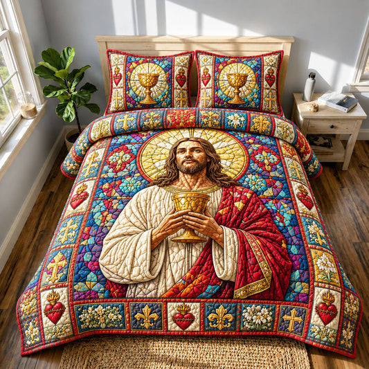 Stained Glass Eucharistic Jesus 3-Piece Quilted Bedding Set GFTOHNL736