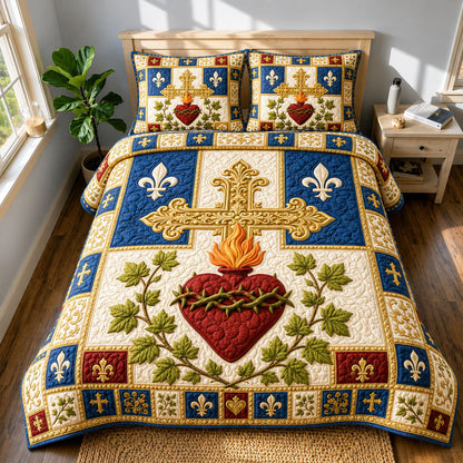 Royal Fleur De Lis Sacred Heart 3-Piece Quilted Bedding Set GFTOHNL737