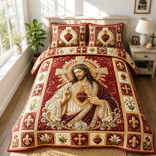 Royal Crimson Sacred Heart 3-Piece Quilted Bedding Set GFTOHNL766
