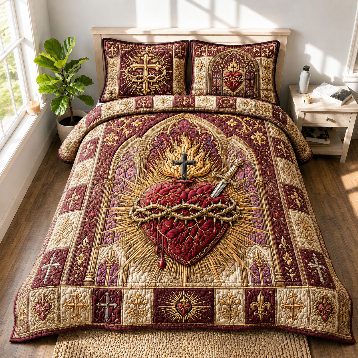 Gothic Cathedral Sacred Heart 3-Piece Quilted Bedding Set GFTOHNL767