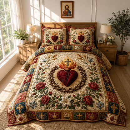 Sacred Heart Floral Devotion 3-Piece Quilted Bedding Set GFTOHNL769