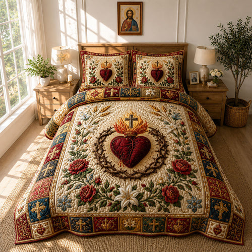 Sacred Heart Floral Devotion 3-Piece Quilted Bedding Set GFTOHNL769