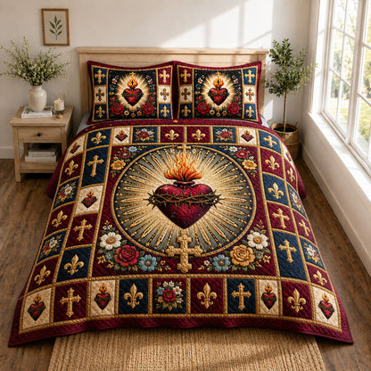 Sacred Heart Heraldic Rose 3-Piece Quilted Bedding Set GFTOHNL770