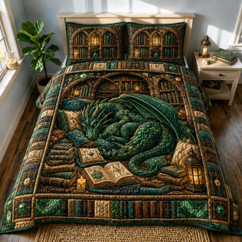 Malachite Enchanted Library Dragon 3-Piece Quilted Bedding Set GFTOHNL776