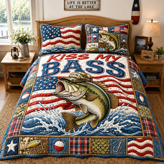 Patriotic Flag Kiss My Bass 3-Piece Quilted Bedding Set GFTOHNL821