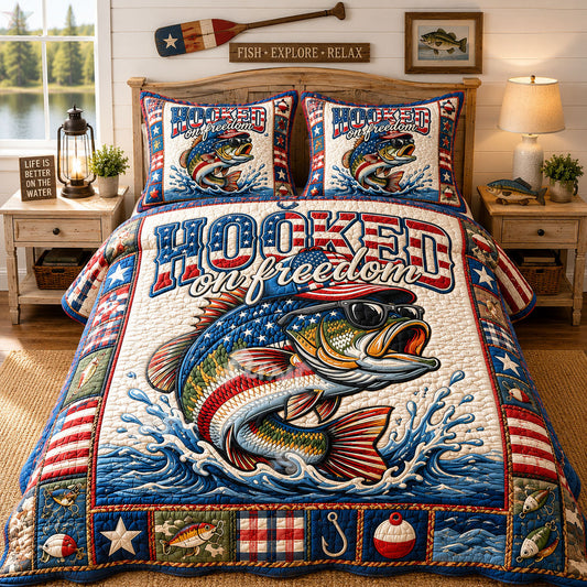 Patriotic Bass Hooked On Freedom 3-Piece Quilted Bedding Set GFTOHNL828