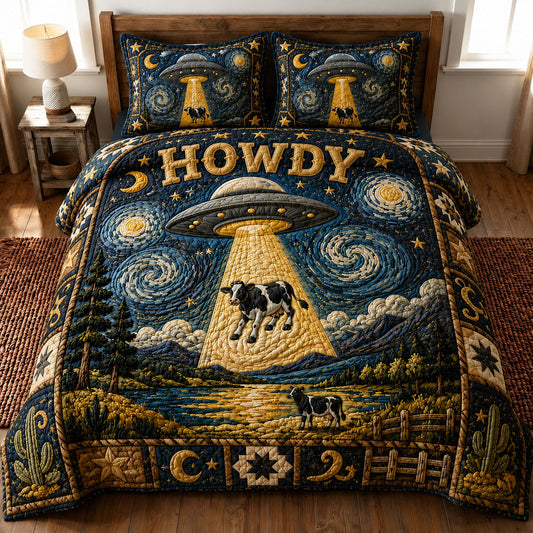 Starry Night UFO Cow Abduction Howdy 3-Piece Quilted Bedding Set GFTOHNL870