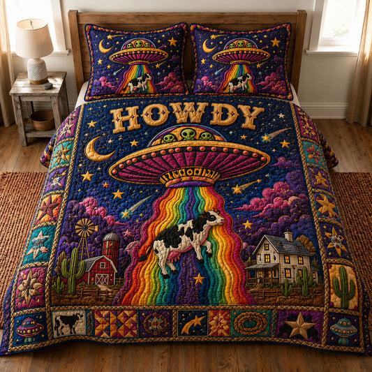 Rainbow Alien UFO Cow Abduction Howdy 3-Piece Quilted Bedding Set GFTOHNL872