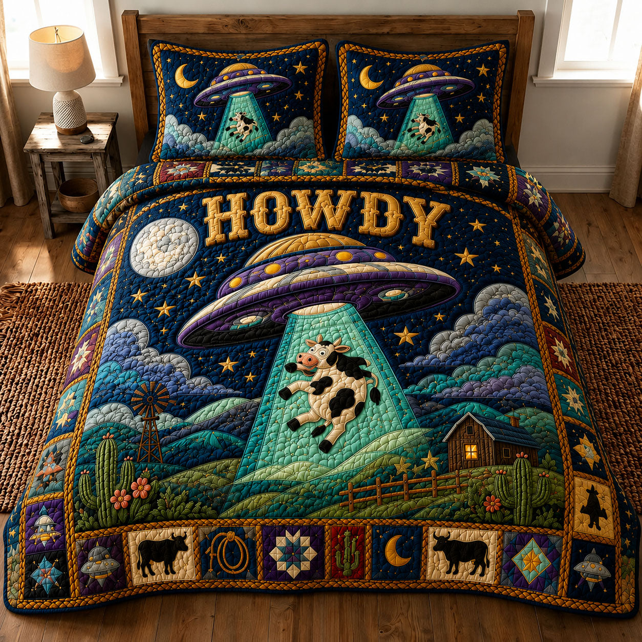 Moonlit Purple UFO Cow Abduction Howdy 3-Piece Quilted Bedding Set GFT ...