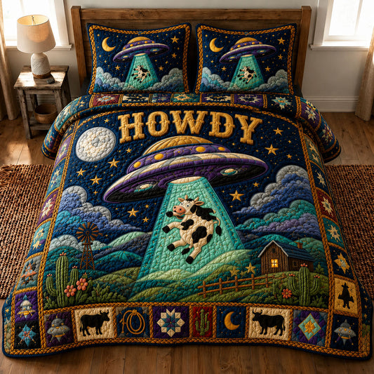 Moonlit Purple UFO Cow Abduction Howdy 3-Piece Quilted Bedding Set GFTOHNL874