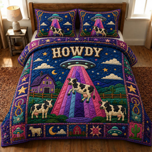 Turquoise Beam UFO Cow Howdy 3-Piece Quilted Bedding Set GFTOHNL875
