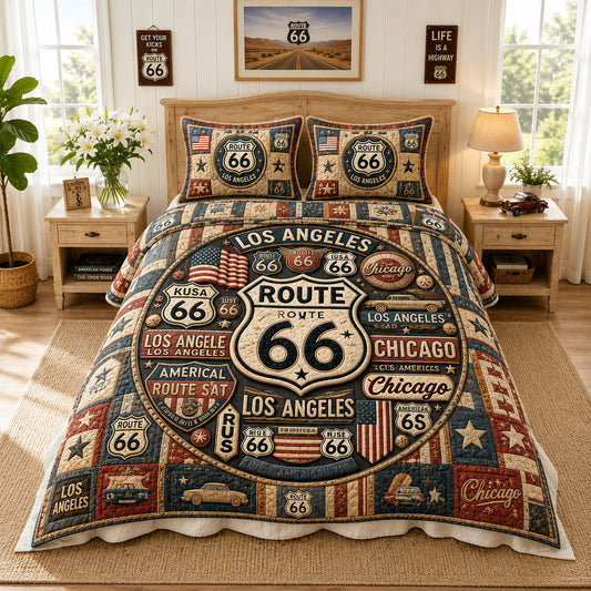 Route 66 Los Angeles To Chicago 3-Piece Quilted Bedding Set GFTOHNL879