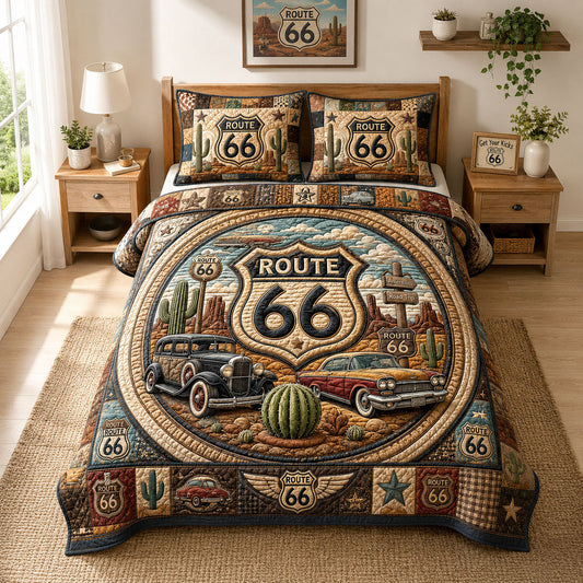 Route 66 Desert Highway Classic Cars 3-Piece Quilted Bedding Set GFTOHNL881