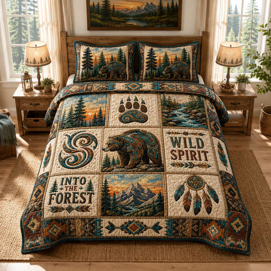 Wild Spirit Bear Patchwork 3-Piece Quilted Bedding Set GFTOHNL985