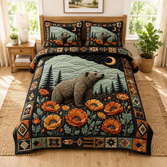 Moonlit Bear Meadow Floral 3-Piece Quilted Bedding Set GFTOHNL986