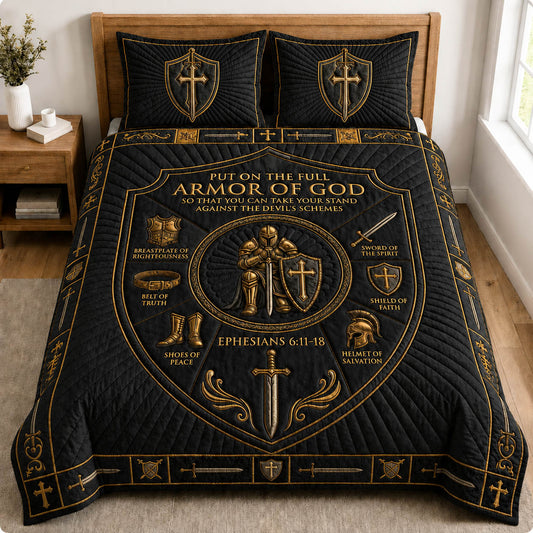 Sacred Black Gold Armor Of God 3-Piece Quilted Bedding Set GFTOLAN1085
