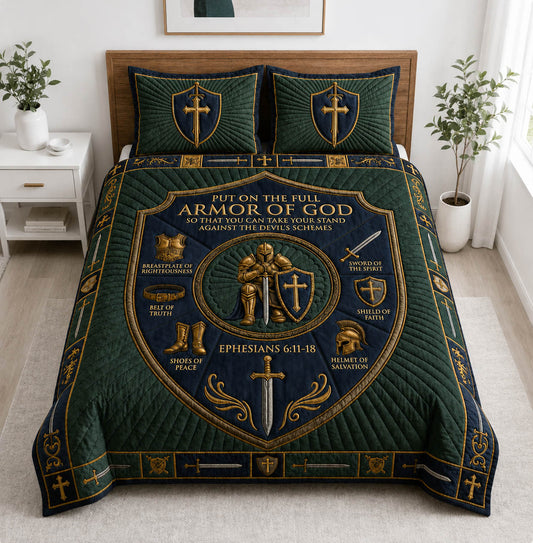 Sage Green Navy Armor Of God 3-Piece Quilted Bedding Set GFTOLAN1086