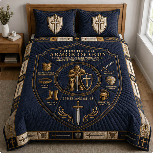 Midnight Navy Armor Of God 3-Piece Quilted Bedding Set GFTOLAN1087