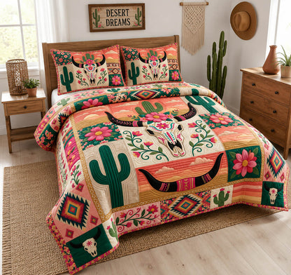 Boho Desert Longhorn 3-Piece Quilted Bedding Set GFTOLAN1277