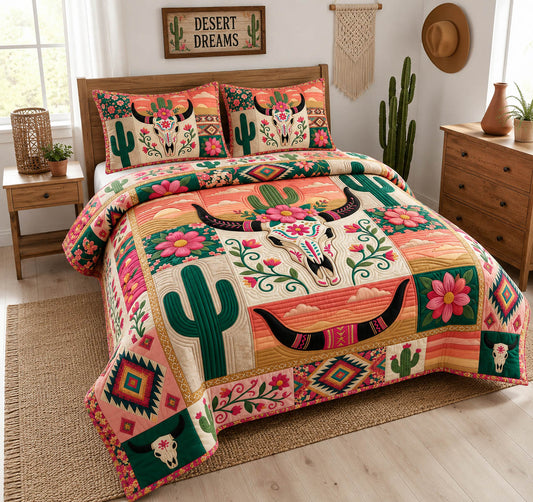 Boho Desert Longhorn 3-Piece Quilted Bedding Set GFTOLAN1277