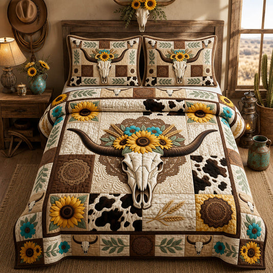 Longhorn Sunflower Farmhouse 3-Piece Quilted Bedding Set GFTOLAN1278