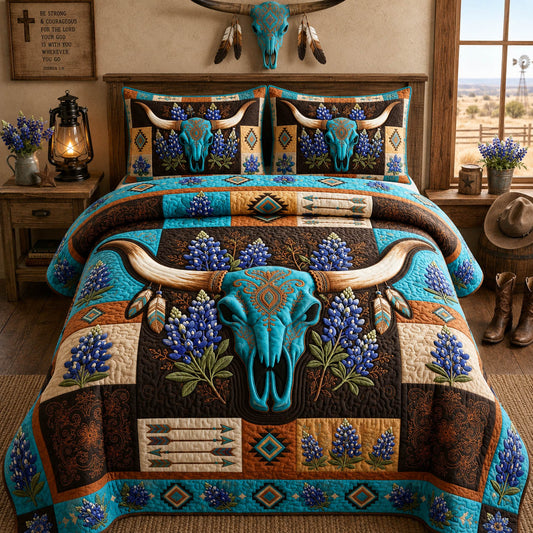 Western Turquoise Longhorn Bluebonnet 3-Piece Quilted Bedding Set GFTOLAN1279