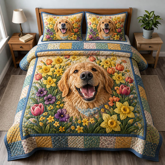 Golden Retriever Flower 3-Piece Quilted Bedding Set GFTOLAN1283