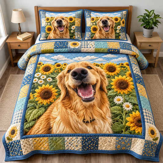 Golden Retriever Sunflower 3-Piece Quilted Bedding Set GFTOLAN1285
