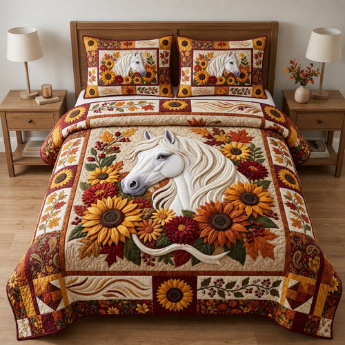 Horse Autumn Flowers 3-Piece Quilted Bedding Set GFTOLAN1322