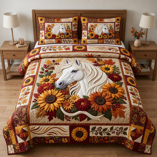 Horse Autumn Flowers 3-Piece Quilted Bedding Set GFTOLAN1322
