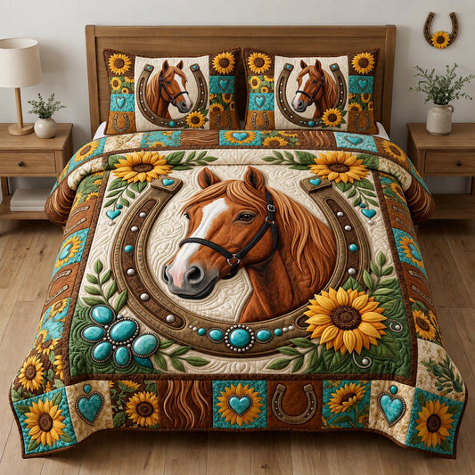 Western Horse Sunflower 3-Piece Quilted Bedding Set GFTOLAN1326