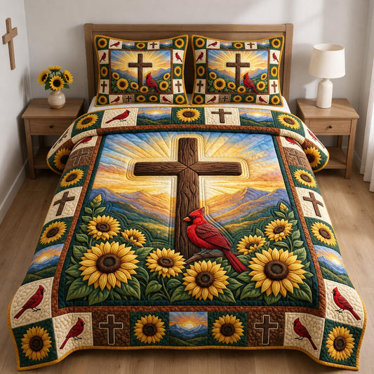 Cardinal Cross Sunflower 3-Piece Quilted Bedding Set GFTOLAN1329