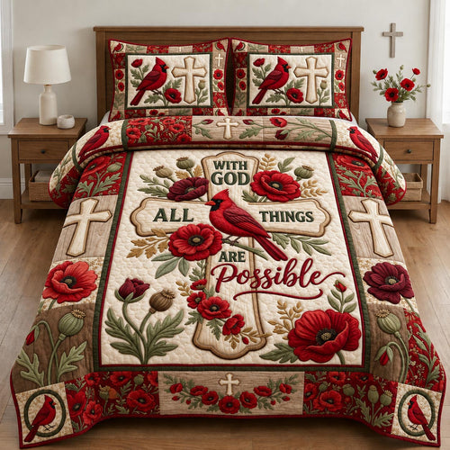 Cardinal With God All Things Are Possible 3-Piece Quilted Bedding Set GFTOLAN1331