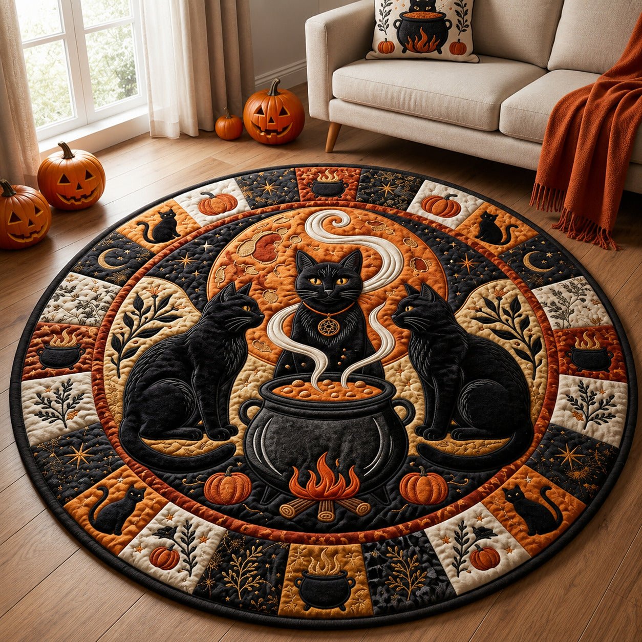 Witch Black Cat Quilted Round Mat GFTOLAN1586