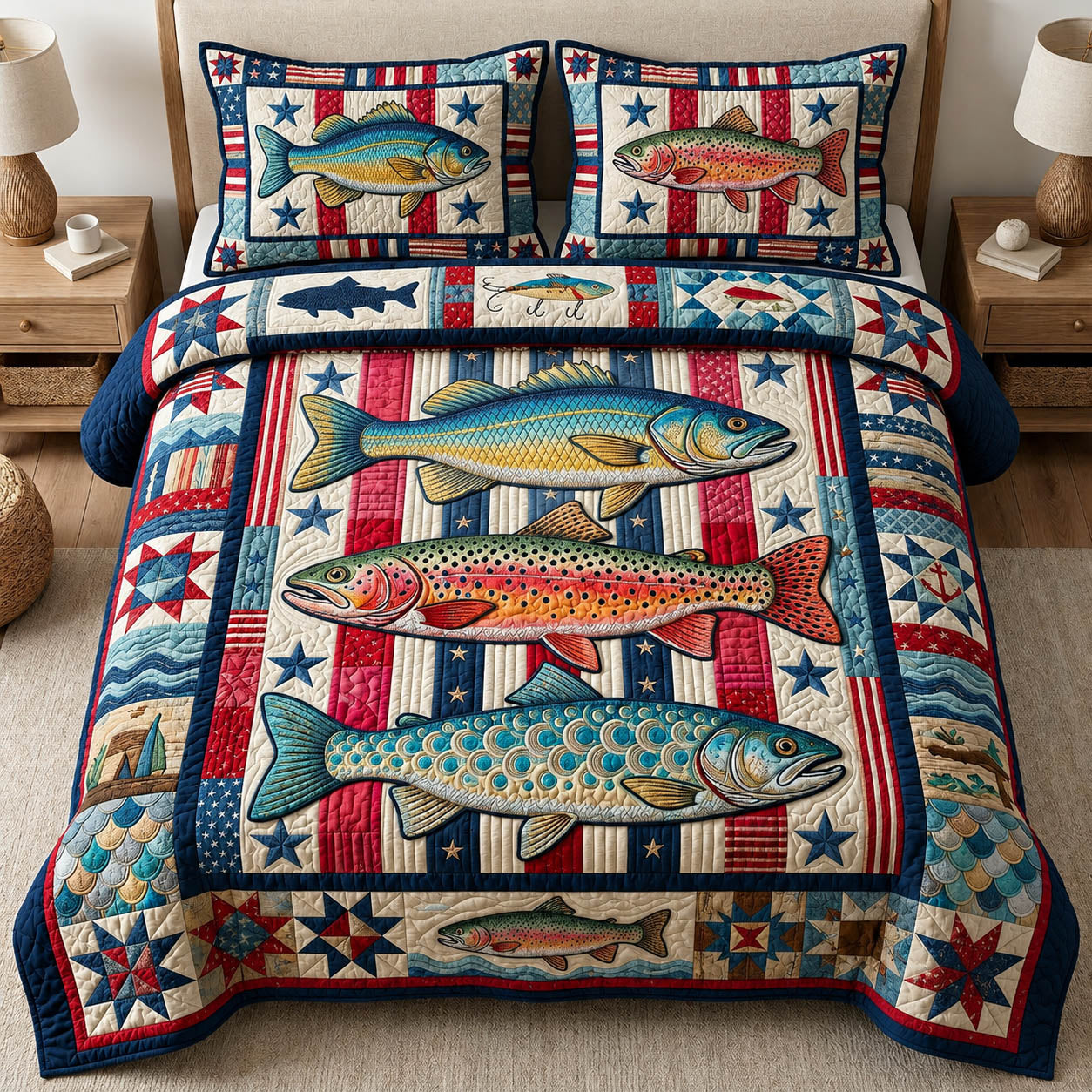 Preppy Fishing 3-Piece Quilted Bedding Set GFTOLAN494