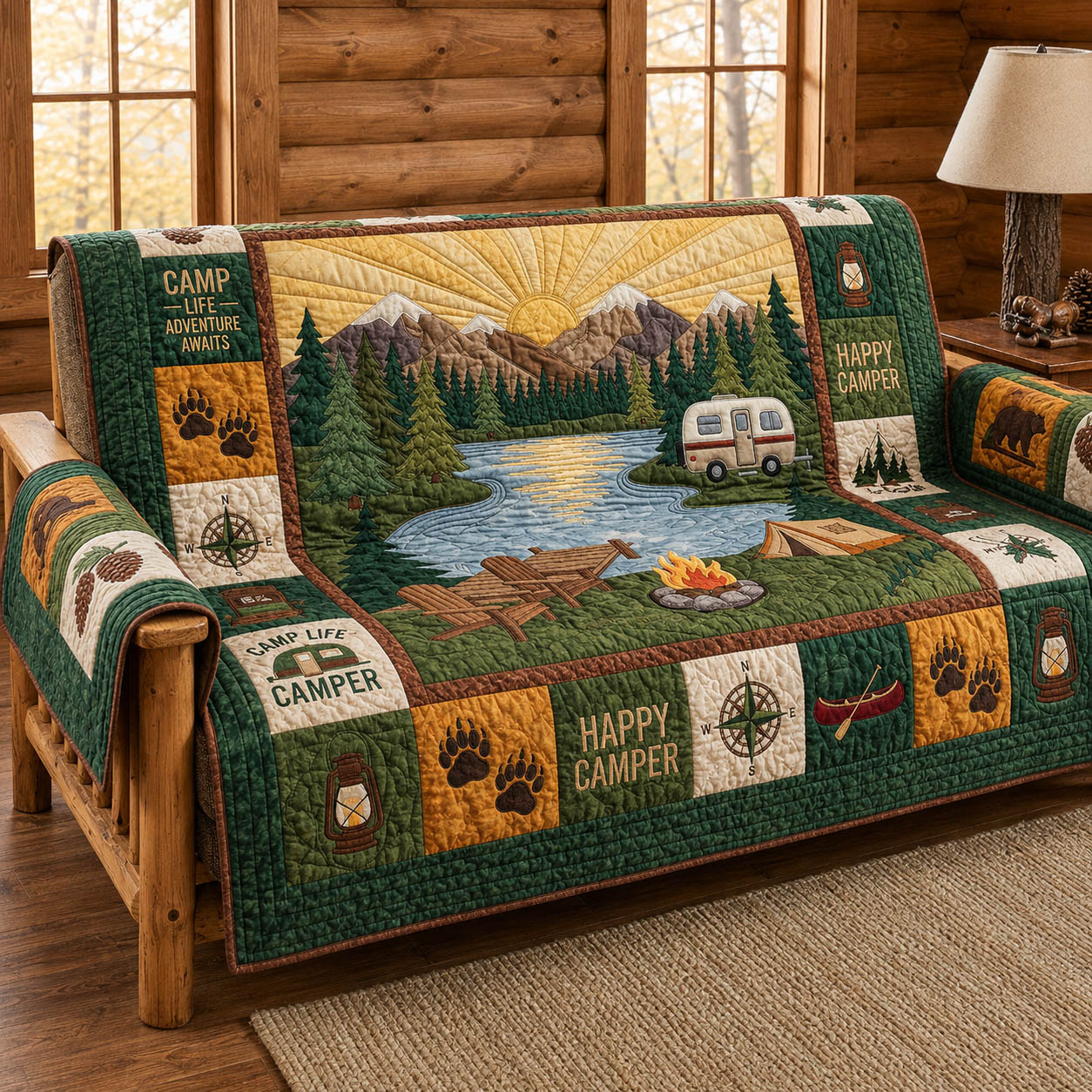 Lakeside Cabin Campfire Quilted Sofa Cover GFTOLAN626