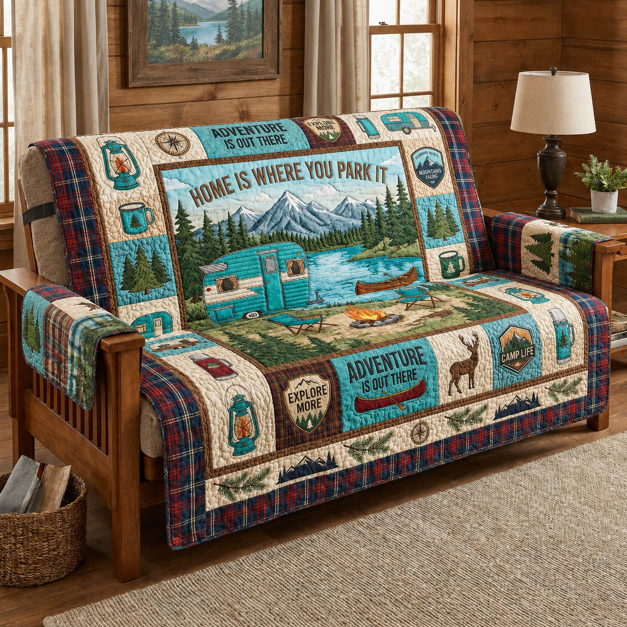 Lakeside Cabin Campfire Quilted Sofa Cover GFTOLAN629