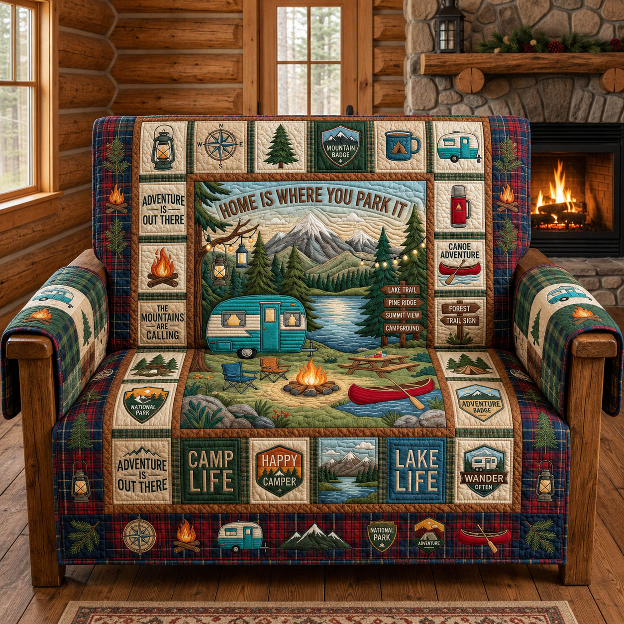Lakeside Cabin Campfire Quilted Sofa Cover GFTOLAN630