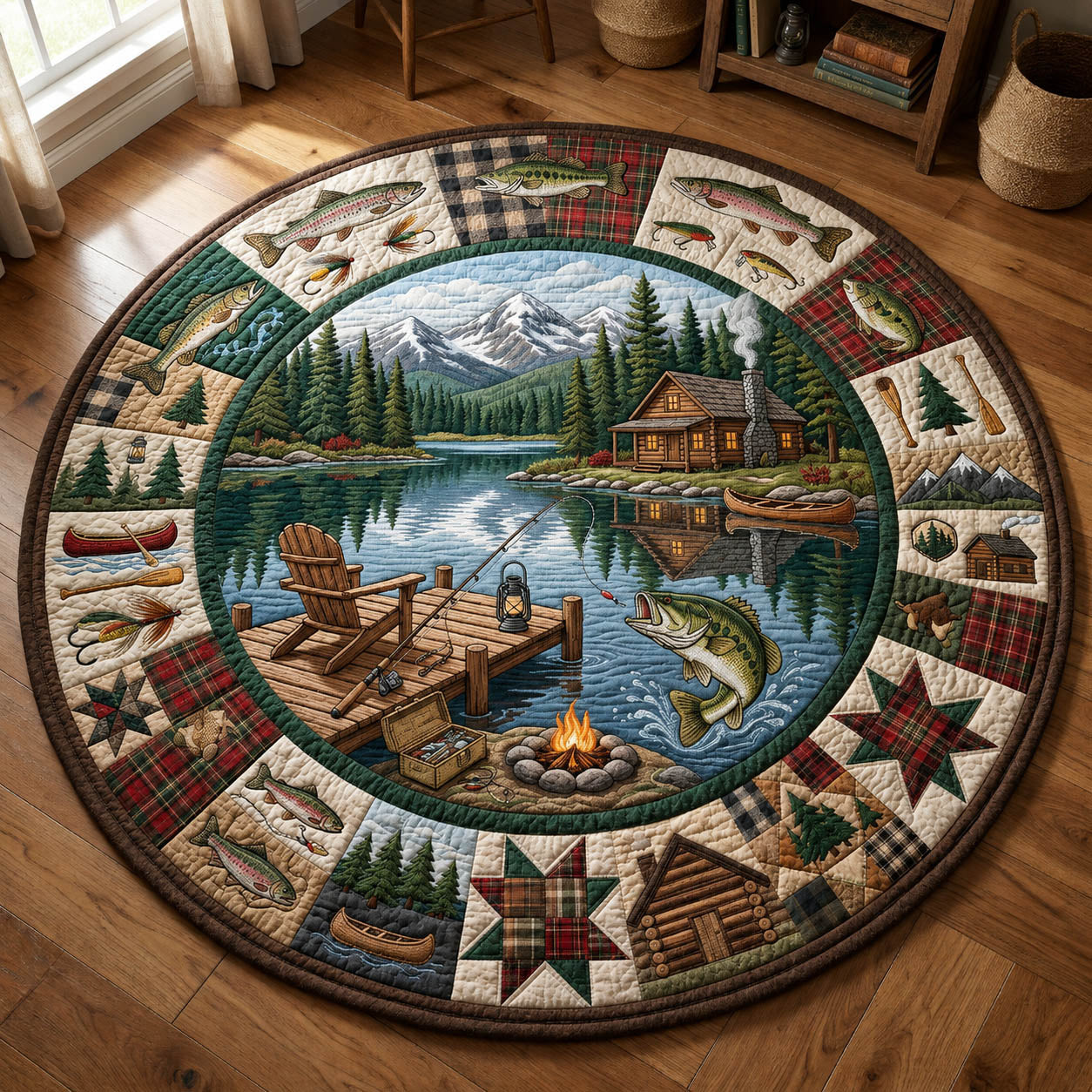Lakeside Cabin Fishing Quilted Round Mat GFTOLAN631