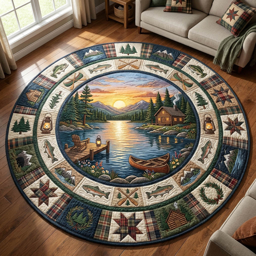 Lakeside Cabin Campfire Quilted Round Mat GFTOLAN632